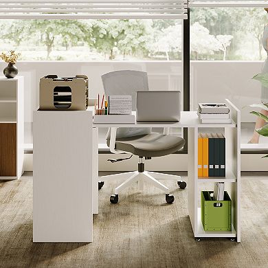 Foldable Computer Desk with Storage Shelves & Wheels, Space Saving Folding Writing Desk
