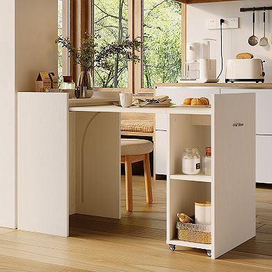 Foldable Computer Desk with Storage Shelves & Wheels, Space Saving Folding Writing Desk
