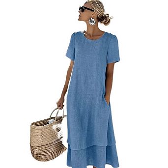 Women's Short Sleeve Linen Cotton Maxi Dress with Side Pockets Casual Summer Beach Outfit