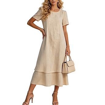 Women's Short Sleeve Linen Cotton Maxi Dress with Side Pockets Casual Summer Beach Outfit