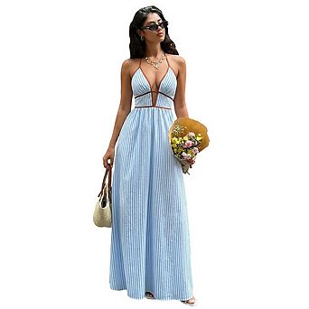 Women's Striped Halter Deep V Backless Maxi Dress Boho Summer Beach Vacation Sundress