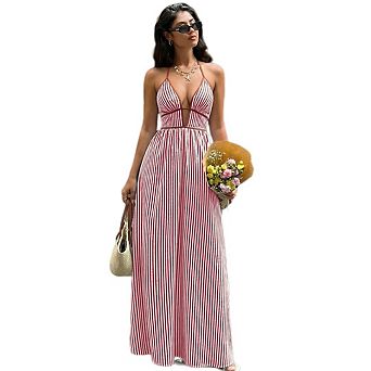 Women's Striped Halter Deep V Backless Maxi Dress Boho Summer Beach Vacation Sundress