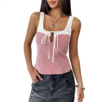 Women's Gingham Tank Top Square Neck Cami with Contrast Trim Tie Front Sleeveless Slim Fit Blouse