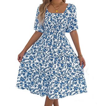 Women's Floral Puff Sleeve Midi Sundress Summer Beach Baby Shower Casual Dress