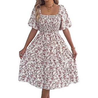 Women's Floral Puff Sleeve Midi Sundress Summer Beach Baby Shower Casual Dress