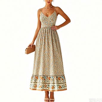 Women's Adjustable Spaghetti Strap V Neck Floral Boho Maxi Dress Summer Beach Ethnic Flowy Sundress