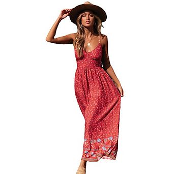 Women's Adjustable Spaghetti Strap V Neck Floral Boho Maxi Dress Summer Beach Ethnic Flowy Sundress