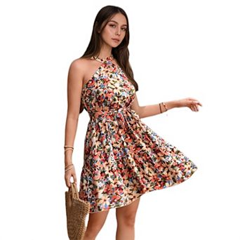 Women's Boho Floral Tiered Ruffle Mini Dress Elastic Waist Flowy Summer A-Line Gown