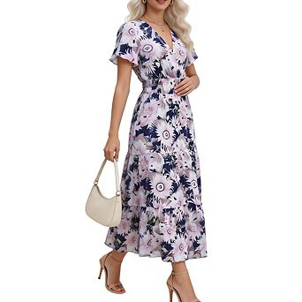 Women's Short Sleeve Floral Flowy Maxi Dress Summer Semi Formal Wedding Guest Outfit