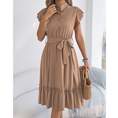 Women's V Neck Cap Ruffle Sleeve Belted Tiered Boho Maxi Dress with Pockets