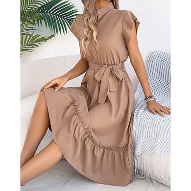 Women's V Neck Cap Ruffle Sleeve Belted Tiered Boho Maxi Dress with Pockets