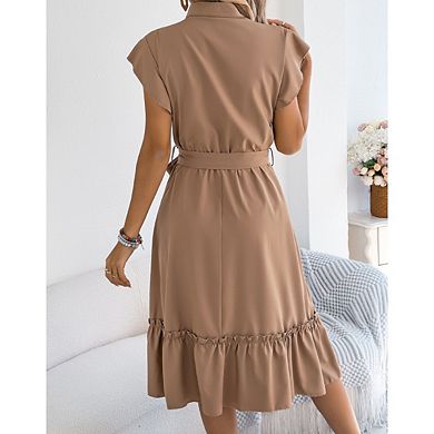 Women's V Neck Cap Ruffle Sleeve Belted Tiered Boho Maxi Dress with Pockets