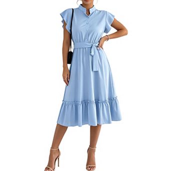 Women's V Neck Cap Ruffle Sleeve Belted Tiered Boho Maxi Dress with Pockets