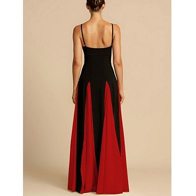 Women's Patchwork Spaghetti Strap Backless A-Line Maxi Dress Flowy Formal Party Gown