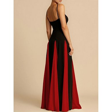 Women's Patchwork Spaghetti Strap Backless A-Line Maxi Dress Flowy Formal Party Gown