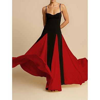 Women's Patchwork Spaghetti Strap Backless A-Line Maxi Dress Flowy Formal Party Gown