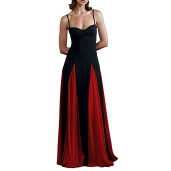 Women's Patchwork Spaghetti Strap Backless A-Line Maxi Dress Flowy Formal Party Gown