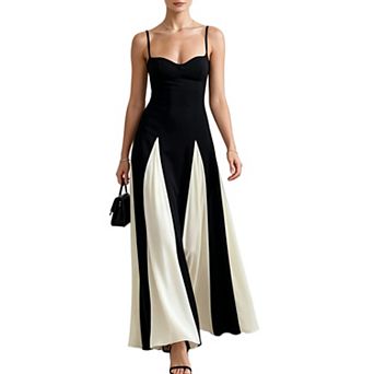 Women's Patchwork Spaghetti Strap Backless A-Line Maxi Dress Flowy Formal Party Gown