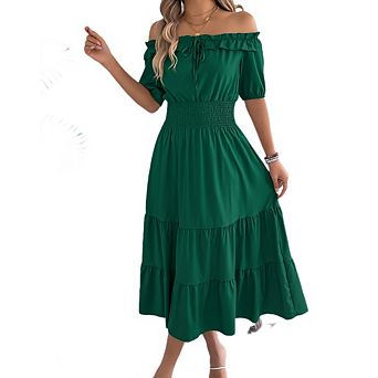 Women's Elegant Off Shoulder Puff Sleeve Fairy Style Flowy Maxi Dress