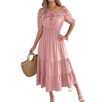 Women's Elegant Off Shoulder Puff Sleeve Fairy Style Flowy Maxi Dress