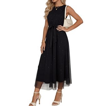 Women's Sleeveless Chiffon Midi Dress Casual Metallic Star Print Waist Detail Party Outfit
