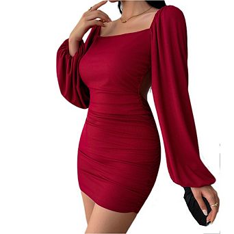 Women's Elegant Square Neck Lantern Sleeve Ruched Bodycon Mini Dress