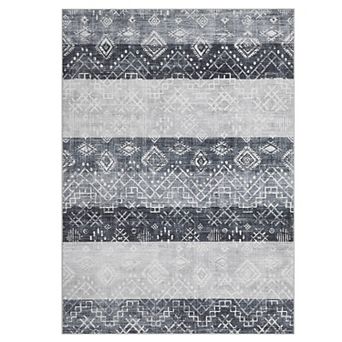 Vintage Abstract Banded Washable Area Rug Low-Pile Non-Slip Carpet for Bedroom Living Room