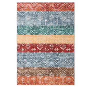 Vintage Abstract Banded Washable Area Rug Low-Pile Non-Slip Carpet for Bedroom Living Room