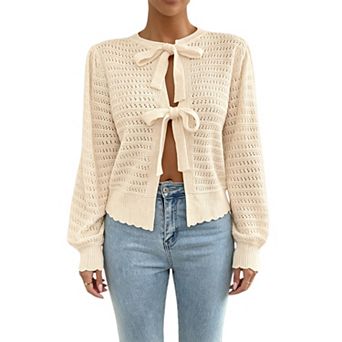 Women Tie Front Knit Shirt Casual Hollow Out Lightweight Sweater