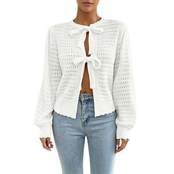 Women Tie Front Knit Shirt Casual Hollow Out Lightweight Sweater