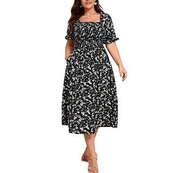 Women's Plus Size Wedding Ruffle Sleeves Square Neck Smocked Woven Maxi Floral Dress with Pockets