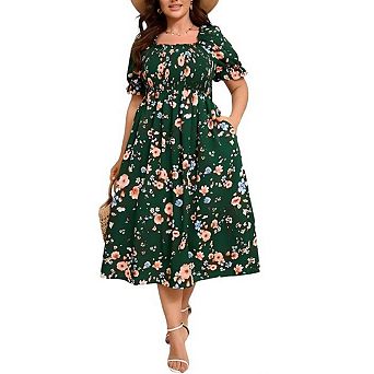 Women's Plus Size Wedding Ruffle Sleeves Square Neck Smocked Woven Maxi Floral Dress with Pockets