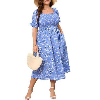 Women's Plus Size Wedding Ruffle Sleeves Square Neck Smocked Woven Maxi Floral Dress with Pockets