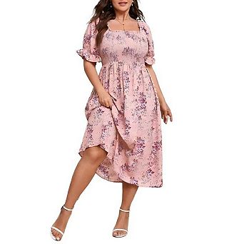 Women's Plus Size Wedding Ruffle Sleeves Square Neck Smocked Woven Maxi Floral Dress with Pockets
