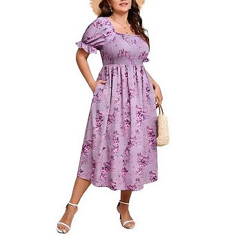 Women's Plus Size Wedding Ruffle Sleeves Square Neck Smocked Woven Maxi Floral Dress with Pockets