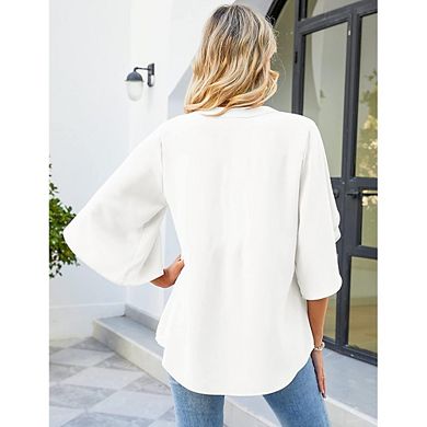 Women Notch V Neck Split Bell Sleeve Chiffon Blouse Loose Office Work Top