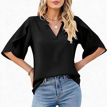 Women Notch V Neck Split Bell Sleeve Chiffon Blouse Loose Office Work Top