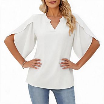 Women Notch V Neck Split Bell Sleeve Chiffon Blouse Loose Office Work Top