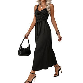Women's Flowy Swing Floor Maxi Dress Thin Strap Smocked Bodice Casual Summer Beach Maxi Sundress