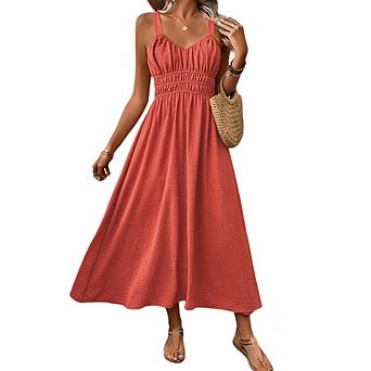 Women's Flowy Swing Floor Maxi Dress Thin Strap Smocked Bodice Casual Summer Beach Maxi Sundress