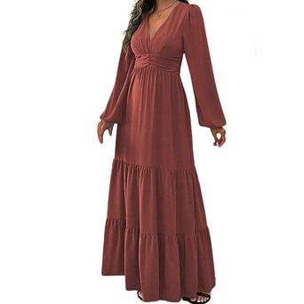 Women's V Neck Long Sleeve Boho Flowy Maxi Dress Elegant Wedding Guest & Engagement Occasion Outfit