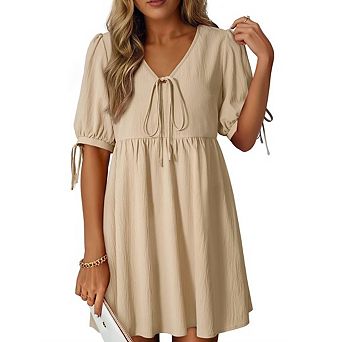 Women's V Neck Bow Tie Short Sleeve A-Line Mini Dress Casual Summer Daily Outfit