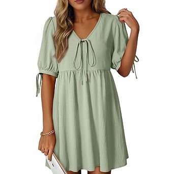 Women's V Neck Bow Tie Short Sleeve A-Line Mini Dress Casual Summer Daily Outfit