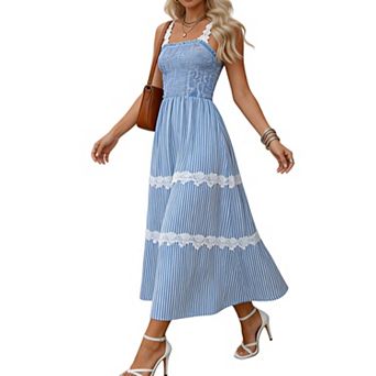 Women's Lace Trim Cami Striped Midi Sundress French Sleeveless Casual Summer Beach Vacation Outfit
