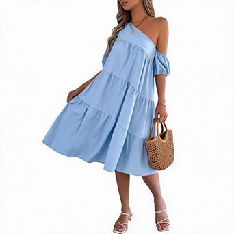 Women's One Shoulder Puff Sleeve Tiered A Line Midi Dress Casual Flowy Loose Babydoll Summer Outfit