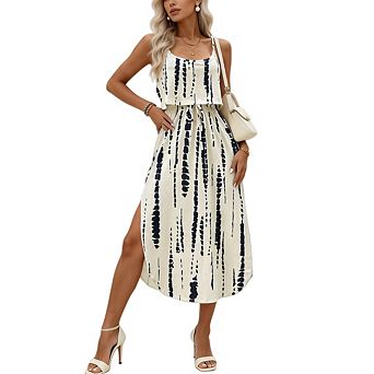 Women's Tie Dye Cami Mid Length Dress Thin Strap Relaxed Fit Summer Beach Resort Sundress