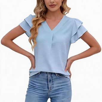 V Neck Double Ruffle Short Sleeve Loose Womens Blouse For Office Coffee Daily Street Outfits