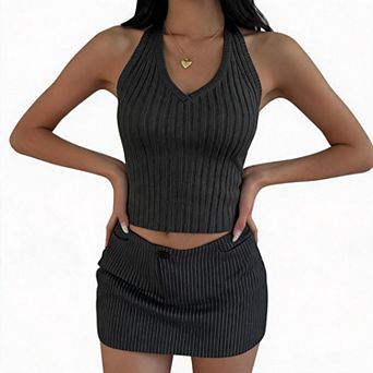 Halter V Neck Cropped Fitted Womens Tank For Street Date Casual Layering Outfits