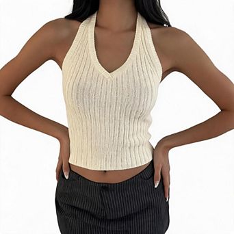 Halter V Neck Cropped Fitted Womens Tank For Street Date Casual Layering Outfits