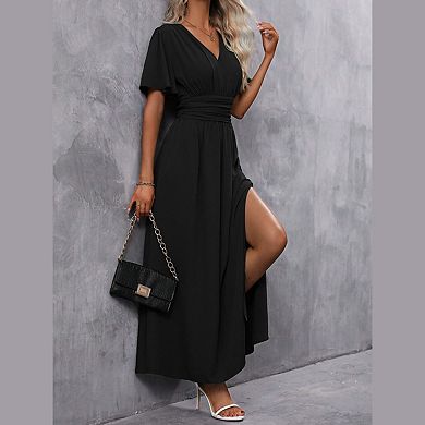 Womens Summer Maxi Dresses Flutter Short Sleeve Back Smocked Side Split Casual V Neck Flowy Sundress